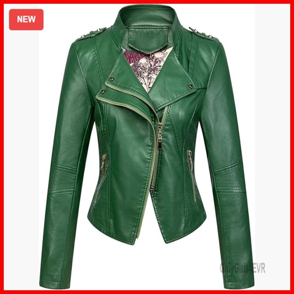 Faux Leather Moto Jacket Asymmetric Zip Cropped Slim Fit